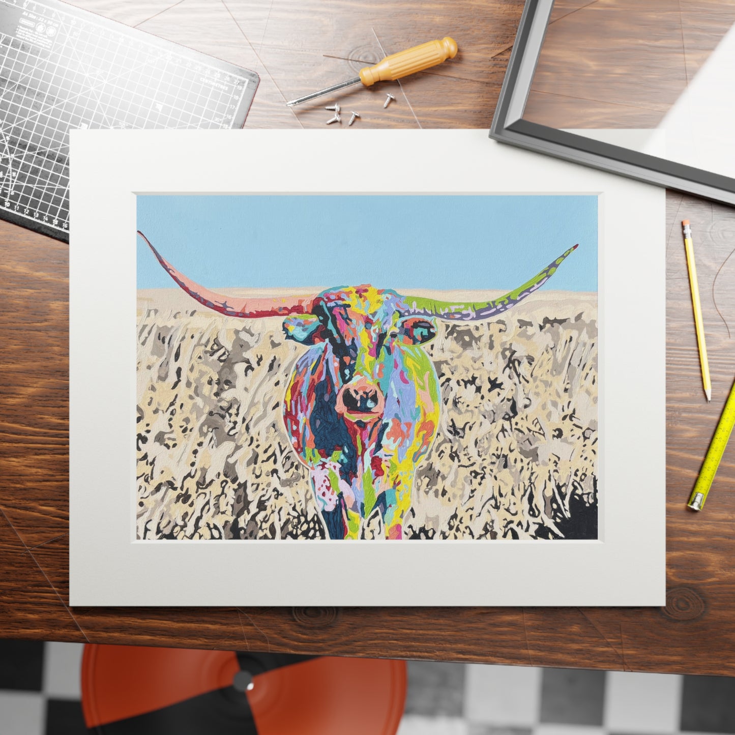 Colorful Longhorn Fine Art Print with Passepartout Frame