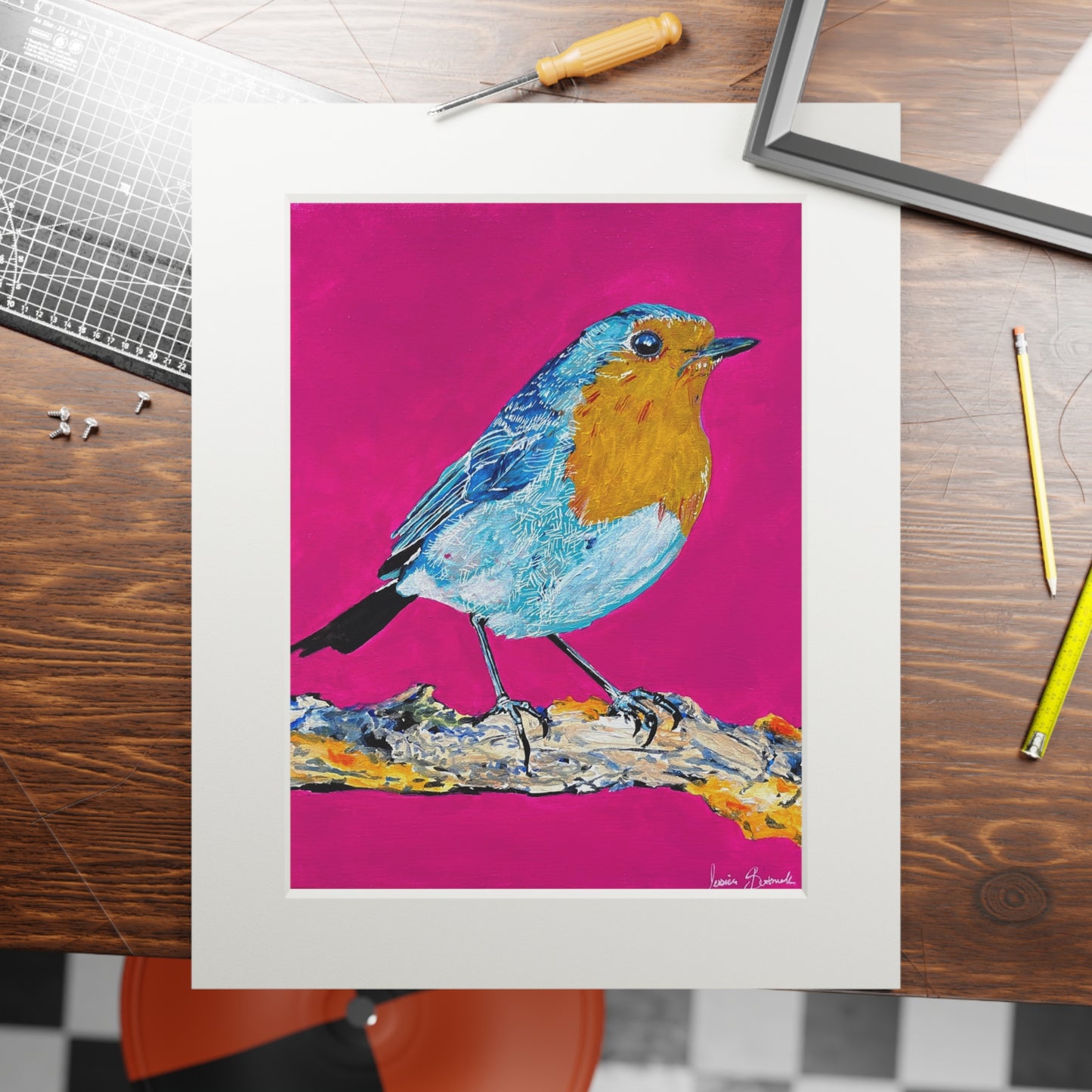 Colorful Robin Fine Art Print with Passepartout - Vibrant Bird Wall Art