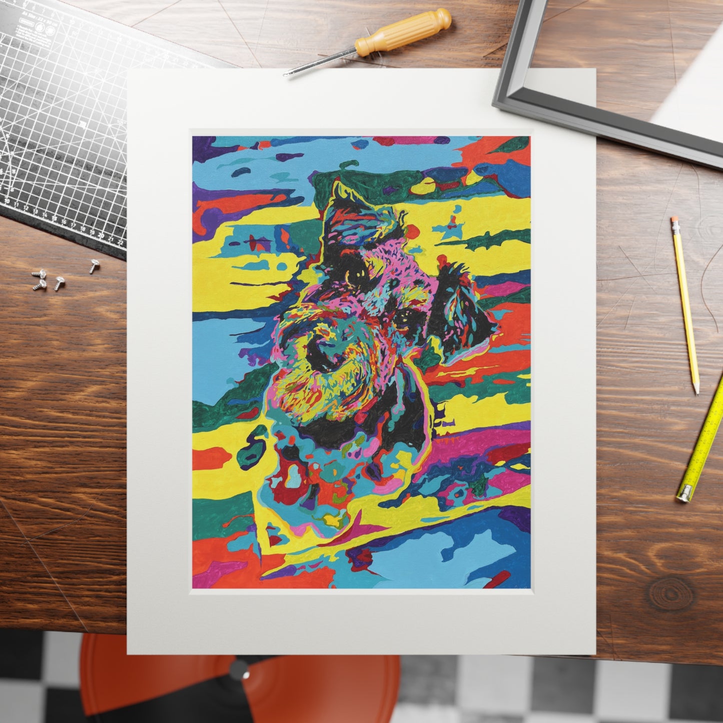 Colorful Abstract Mini Schnauzer Fine Art Print with Passepartout Frame