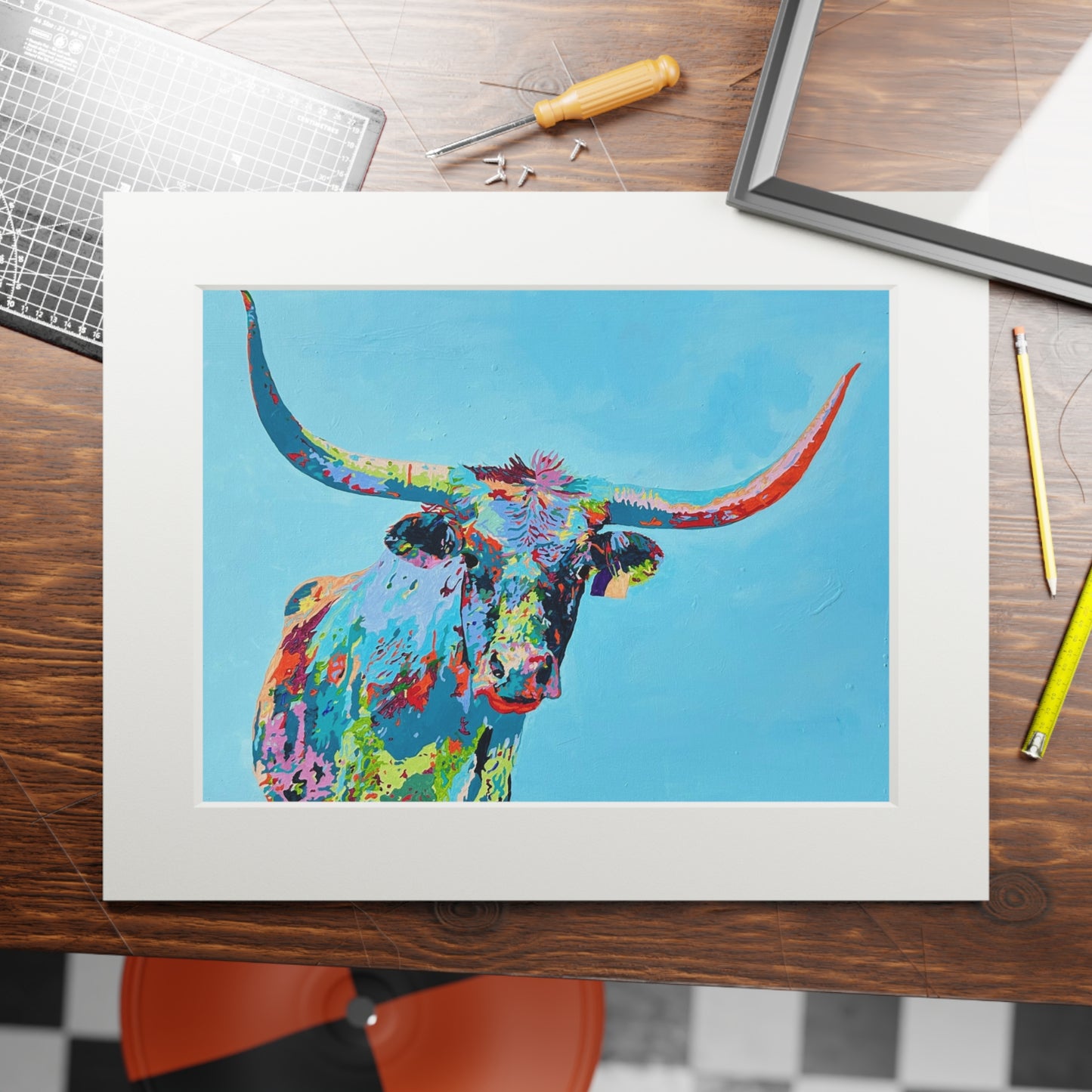 Colorful Longhorn Fine Art Print with Passepartout Frame
