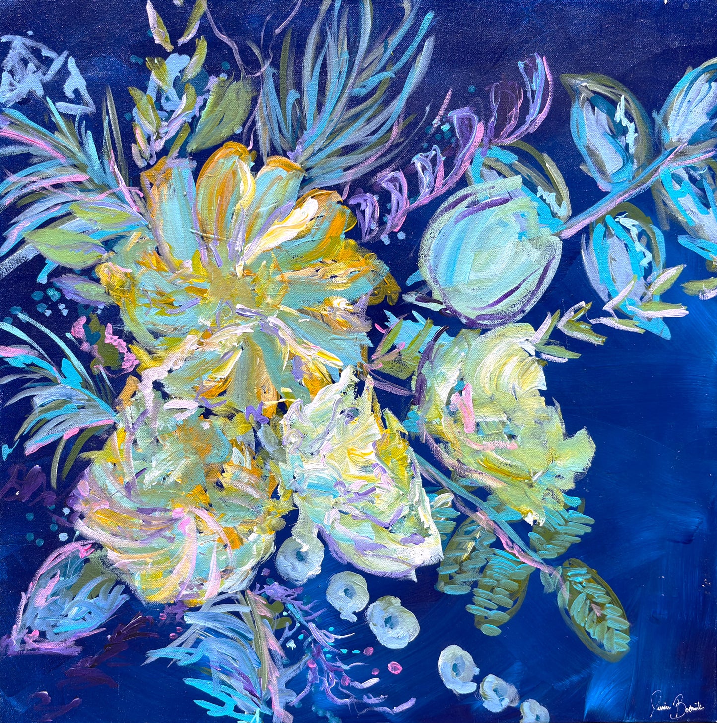 Midnight Blue Floral - Original Acrylic on 24 x 24 inch Canvas