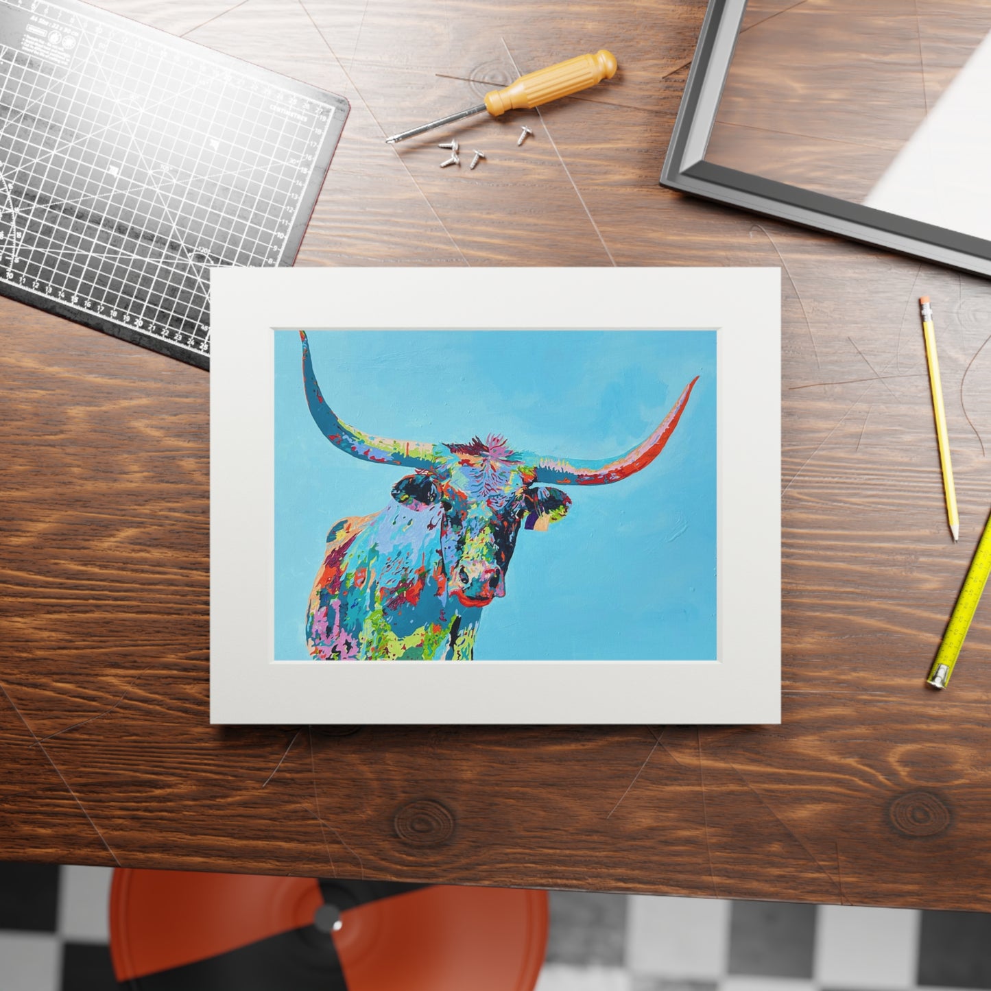 Colorful Longhorn Fine Art Print with Passepartout Frame