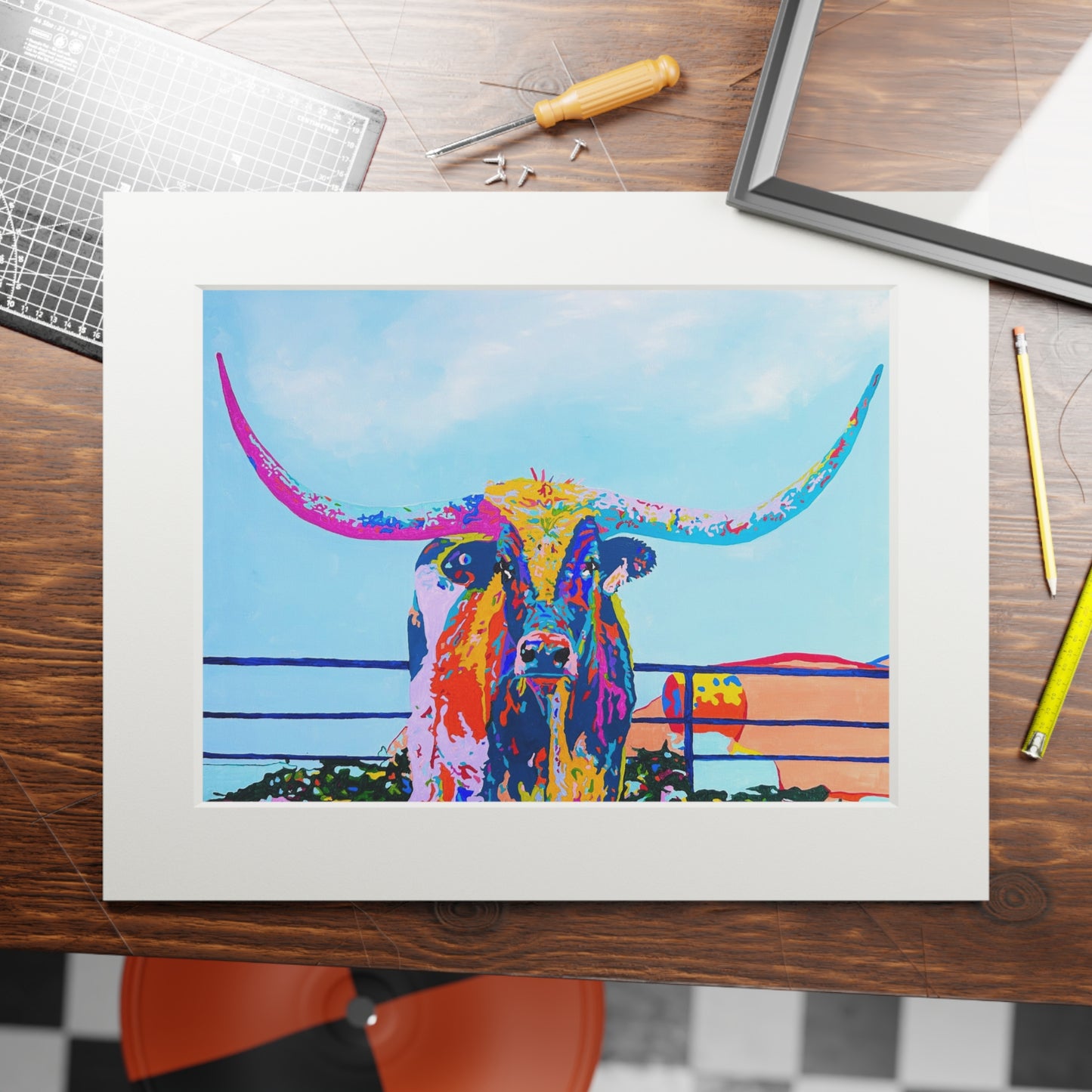 Colorful Longhorn Fine Art Print with Passepartout Frame