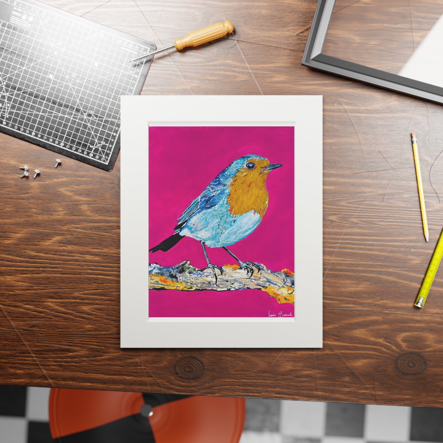 Colorful Robin Fine Art Print with Passepartout - Vibrant Bird Wall Art