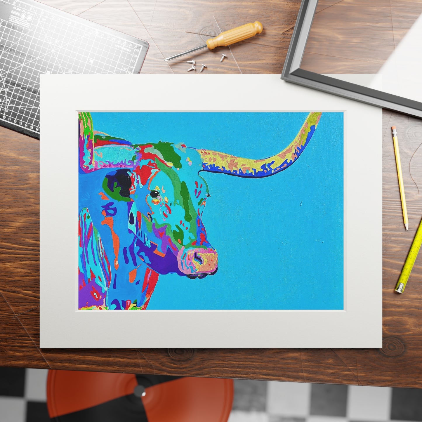 Pop Art Longhorn Bull Fine Art Print — Passepartout Framed Wall Art