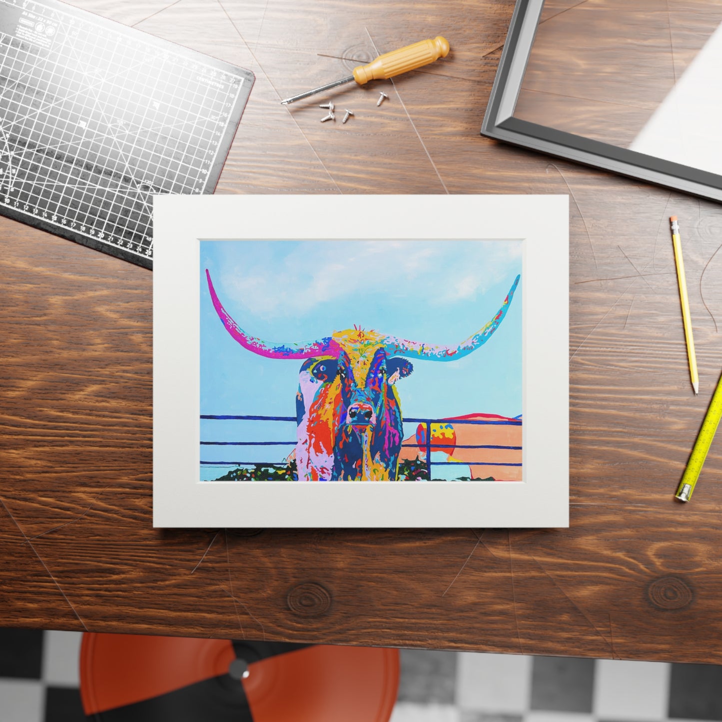 Colorful Longhorn Fine Art Print with Passepartout Frame