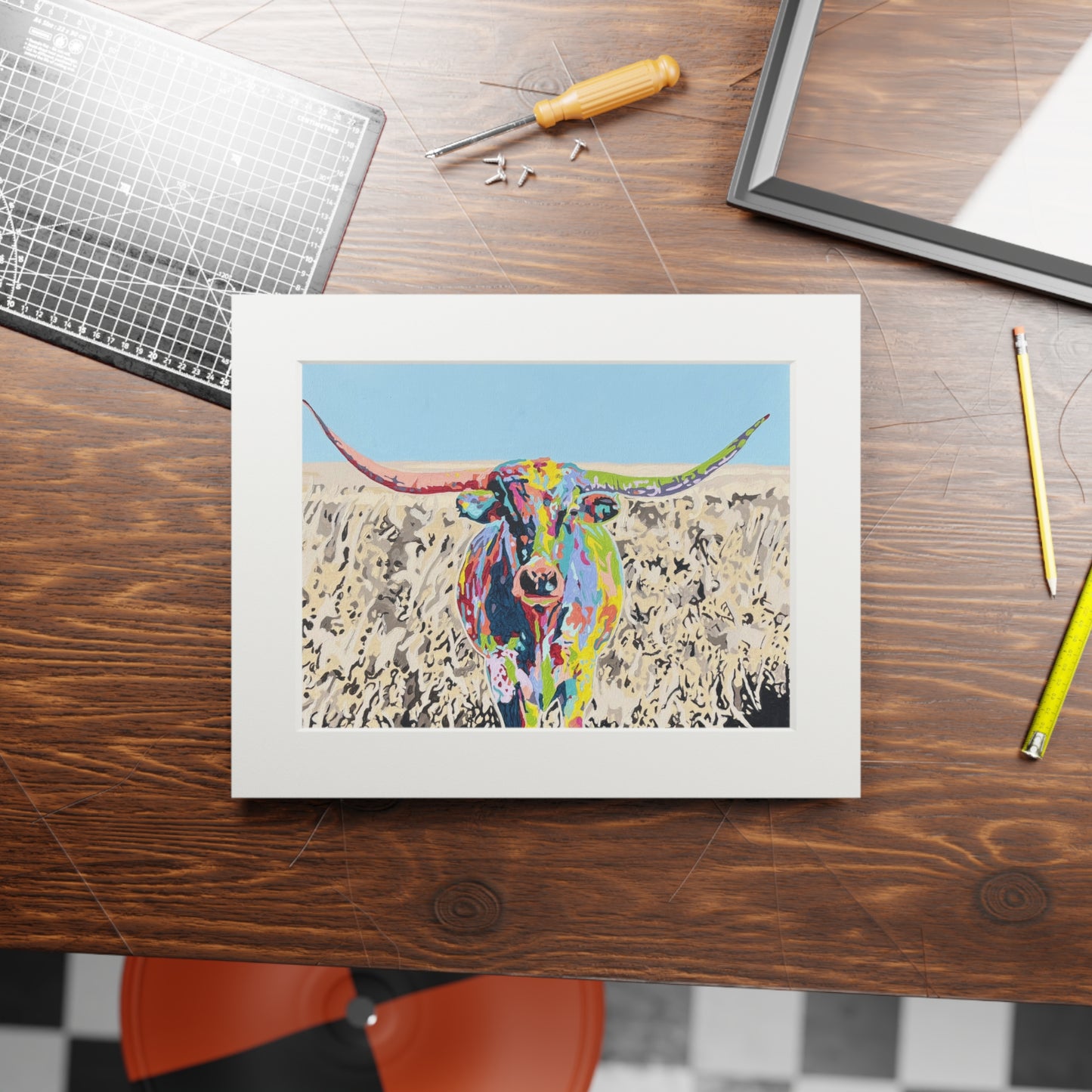 Colorful Longhorn Fine Art Print with Passepartout Frame