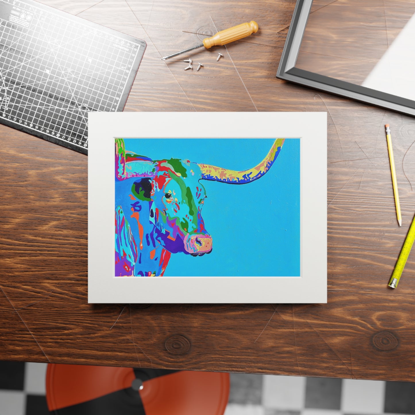 Pop Art Longhorn Bull Fine Art Print — Passepartout Framed Wall Art
