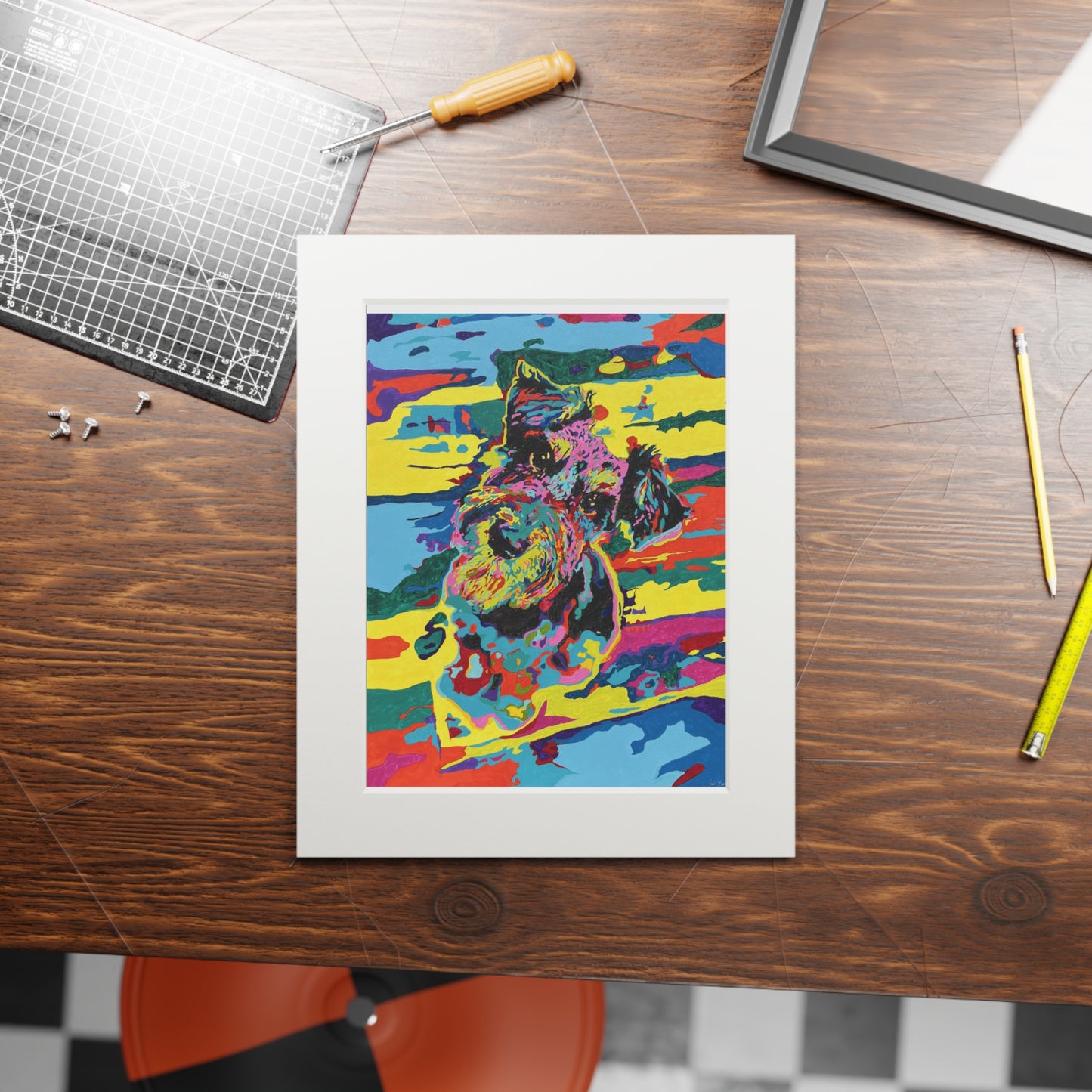 Colorful Abstract Mini Schnauzer Fine Art Print with Passepartout Frame