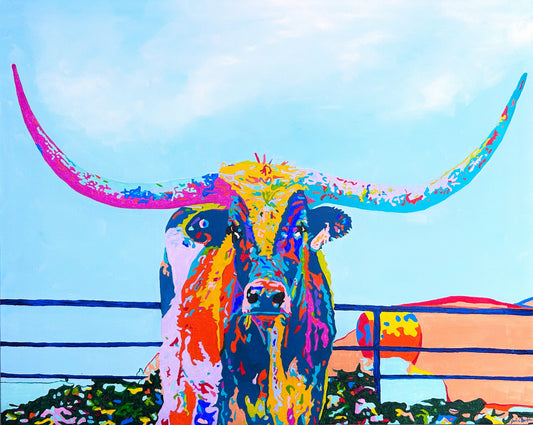Longhorn With Hay Bale - Original Acrylic on 24 x 30 inch Canvas Gallery Warp